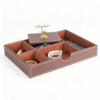 Jewelry Trays Nightstand Organizer, Valet Tray for Men and Women, Tray Organizer,Can hold Mobile phones, watches, cosmetics, keys. Dark Brown Faux Leather, 5 CompartmentCompartment - color: brown