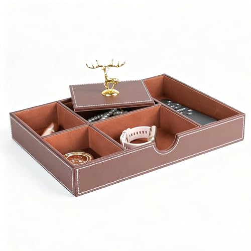 Jewelry Trays Nightstand Organizer, Valet Tray for Men and Women, Tray Organizer,Can hold Mobile phones, watches, cosmetics, keys. Dark Brown Faux Leather, 5 CompartmentCompartment - color: brown