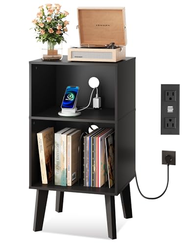 WLIVE Modern Nightstand with Storage, Small Space Bedside Table, End Table for Bedroom & Living Room, Mid Century Night Stand with Open Shelf & Sturdy Wood Legs, Black - color: Black