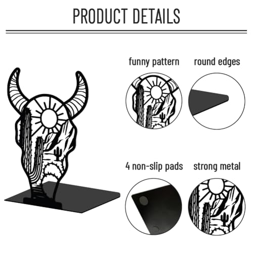 WADORN 1 Pair West Cow Skull Metal Decorative Bookend for Shelves, Heavy Duty Book Ends Modern Non-Skid Books Holder Stand Black Book Support Stoppers for Desk Bookshelf Office Home, 5.3x4.3x7.9 Inch - color: Cow Skull