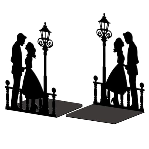 Peacoblue Metal Bookends for Shelves, Modern Decorative Heavy Duty Study Book Support Stoppers for Office, Desk, Shelf, Room 5.3"x4.3"x7.9" Cast Iron Bookends, 1 Pair (Men and Women Under Streetlight) - style: Men and Women Under Streetlight