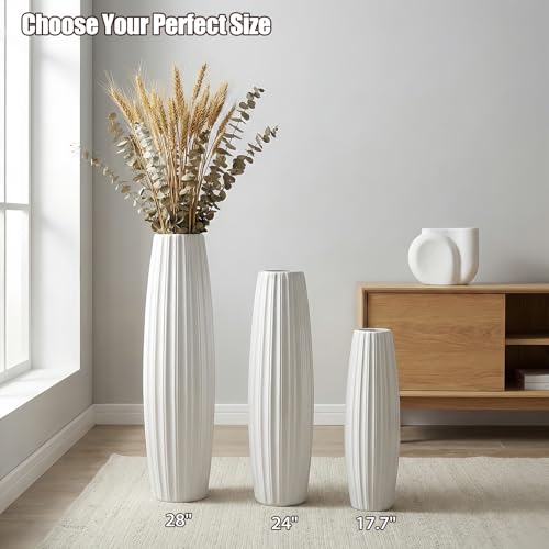 White Tall Floor Vase, 28" Ceramic Large Vase, Decorative Flower Vases for Modern Home Decor Living Room Office Bedroom Kitchen Wedding Centerpieces Farmhouse Décor - color: Vertical Stripes, size: Height-28 Inch