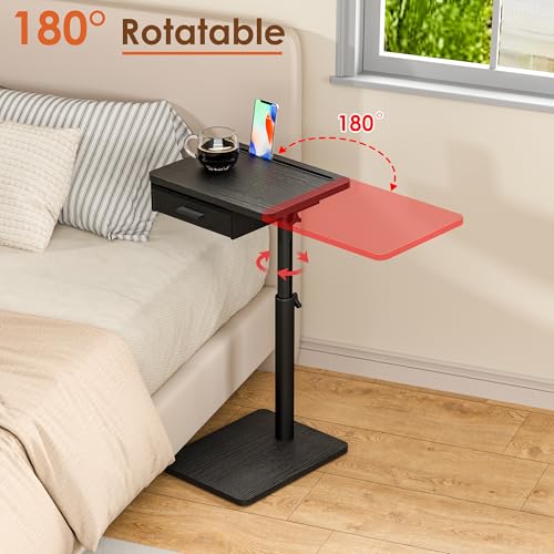TV Tray with Drawer & Device Slot, Swivel Height Adjustable bedside table, Sofa Side Table for Eating, C Shaped Couch Table for Living Room & Bedroom, Portable Snack End Table for Couch & Bed, Black - color: Black