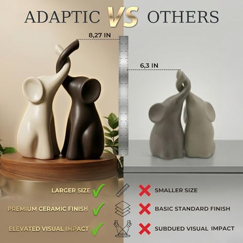 Loving Elephant Couple Figurines – Set of 2 Modern Ceramic Elephant Sculptures in Ivory & Brown, Minimalist Home Decor for Shelves & Tables, 8.27” Tall