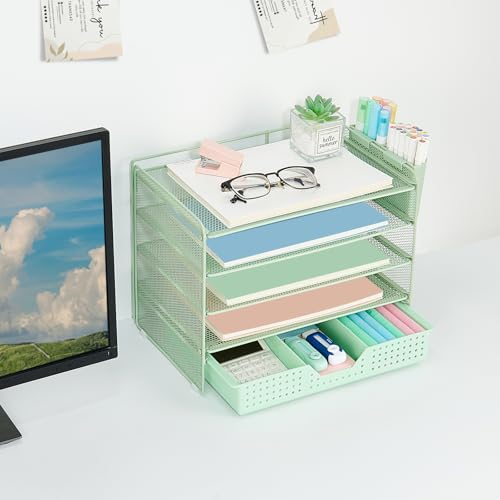 LEKETREE Desk Organizers and Accessories, 5-Tier Paper Letter Tray Organizer with Drawer & 2 Pen Holders, Desktop Organizer for Office Supplies (Green) - color: Green, size: 12" x 8" x 10"