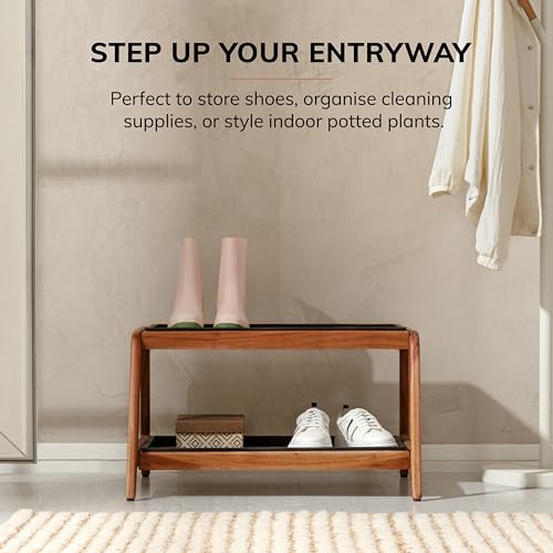 Anji Mountain Heavy Duty Waterproof Wooden Shoe Storage Mat Organizer/Boot Storage Tray Multi Use for Entryway with Coir, Tan and Khaki Insert, 2 Tier, Fits 4 Pair (26.5" Wide) - color: Tan and Khaki, size: 2 Tier, Fits 4 Pair