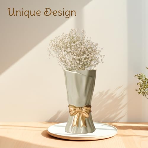 Green Bow Vase for Home Decor, 9.3 Inch Avocado Color for Boho Style, Sage Large Green Flower Vase for Ideal Shelf Decor/Table/Living Room. ﻿ - color: Green
