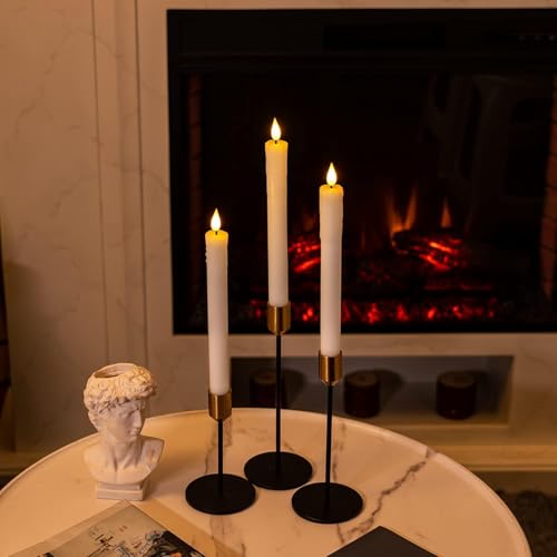 Homemory Real Wax LED Flameless Taper Candles with Timer, Dripless Fake Candlesticks with 3D Flickering Flame, 9.6 Inches White Window Candle for Fireplace Christmas Halloween - style: Farmhouse - White 9.6"