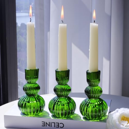 Woho Green Taper Candle Holders Set of 3 for Christmas Decorations, 4.3" H Ribbed Glass Candlestick Holders for Spring Wedding Table, Vintage Candle Sticks Holder Decor Home Decor - color: Green