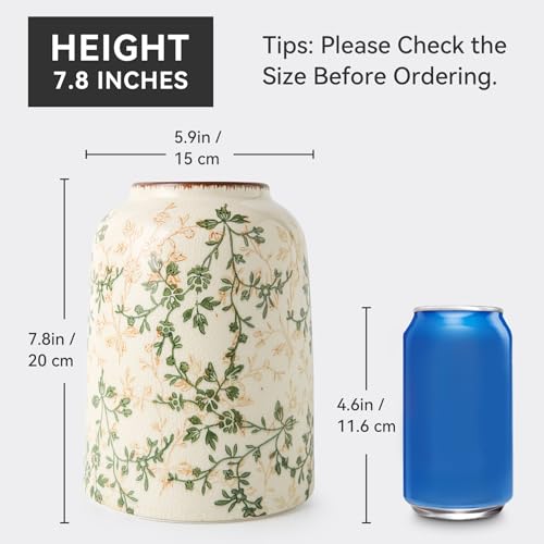 Vintage Green Chinoiserie Ceramic Vase 7.8”, Ice Crack Floral Retro Decorative Vase for Living Room, Bookshelf, Office, Grandmillennial Decor - color: 11-green and Beige