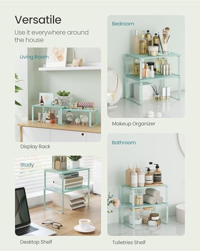 SONGMICS Cabinet Organizer Shelf, Set of 2 Kitchen Counter Shelves, Kitchen Storage, Spice Rack, Stackable, Expandable, Metal and Engineered Wood, Moonlight Green UKCS002C01 - color: Moonlight Green, size: 11.7"W