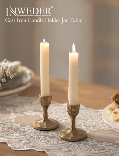 Antique Brass Candlestick Holders: Cast Iron Taper Candle Holder Handcrafted Gold Vintage Candle Sticks Holder Rustic Fall Decor for Dinning Table Mantel Home Party Set of 2
