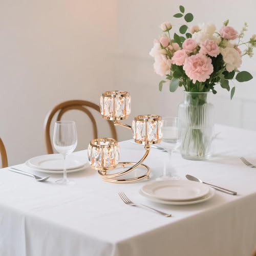 Metal 3 Arm Crystal Candle Holder - Tea Light Centerpiece Candle Holder, Votive Holder with Sparkling Crystal Bowl, Suitable for Wedding, Table Centerpiece, Home Decor (1, 3 arm-Gold) - size: 3 arm-Gold