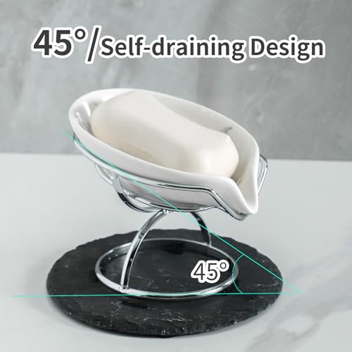 Dobbyby Leaf-Shaped Soap Dish – Ceramic Soap Bar Holder with Self-Drainage System – Bar Soap Holder for Shower, Bathroom Sink, Kitchen – Soap Dish with Stainless Steel Stand (White-Sliver-2 Pack) - color: White-sliver-2 Pack