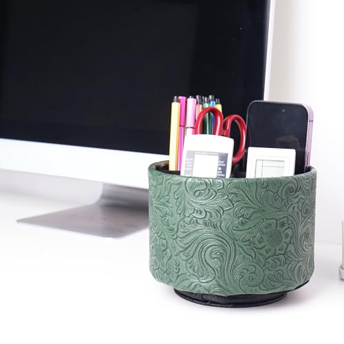 lizimandu Round Leather Art Supply Organizer,Remote Control Holder,360 Degree Spinning,Multi-Functional Pencil Holder,4 Compartments Desktop Stationary Organizer(1-Carved Cooper Green) - color: 1-Carved Cooper Green