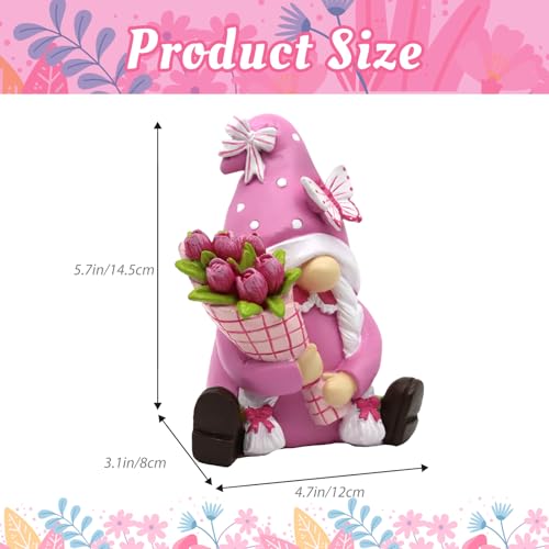 Spring Gnomes Decorations for Home Office- Pink Resin Garden Gnomes with Butterfly Tulip Tiered Tray Decor- Spring Mother's Day & Retirement Gifts - color: Pink