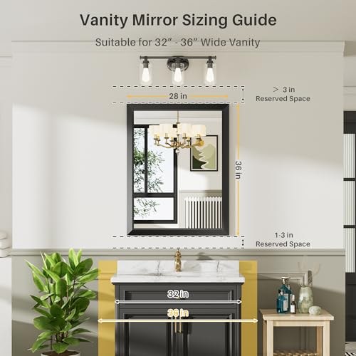 Briivue 28x36 Inch Black Bathroom Mirror for Wall, Thick Metal Framed Rectangle Mirrors for Over Sink, Bedroom, Living Room, Entryway, Anti-Rust, HD Tempered Glass - color: Black, size: 28"L x 36"W