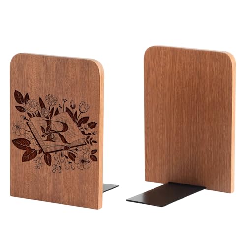 Wood Bookends, Book Ends for Shelves with Decorative Alphabet A and Z Design - Heavy Duty Iron & Ebony Wood Book Ends for Shelves Bookcase Desk - 1 Pair - R - color: R