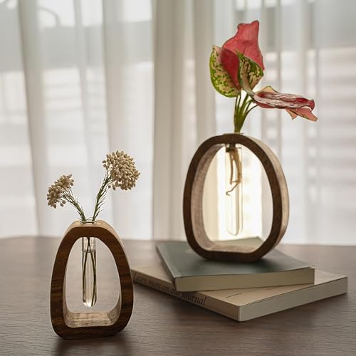 Modern Wooden Glass Test Tube Vase - Desk Plant Decor, Suitable for Home and Office Use - size: Large