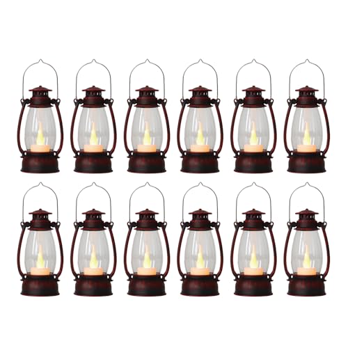 12Pcs Hand-Brushed Red Mini Lanterns for Vintage Christmas Table Decorations – 6Inch Small Candle Lanterns for Western Cowboy Camping Halloween Weddings Party Centerpiece & Hanging Ornaments - color: Brushed Red-12pcs