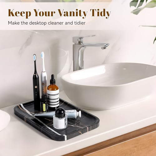 Koville Marble Tray, 12"x8" Natural Marble Vanity Tray for Countertop Bathroom Kitchen Dresser, Decorative Catchall Trays for Perfume Jewelry, Rectangular Stone Serving Tray(Black) - color: Black