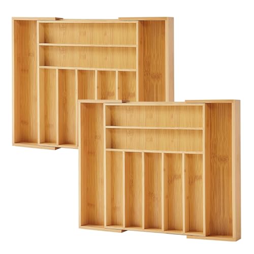 Bamboo Drawer Organizer, 2 Pack - Expandable Silverware Organizer & Utensil Drawer Organizer, Cutlery Tray with Dividers, 7-9 Slots- Premium Kitchen Organizer for Utensils & Flatware (Natural) - color: Natural, size: 9 Slot