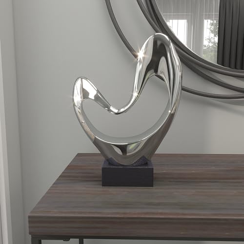 Deco 79 Polystone Abstract Decorative Sculpture Heart Home Decor Statue with Black Base, Accent Figurine 10" x 5" x 14", Silver