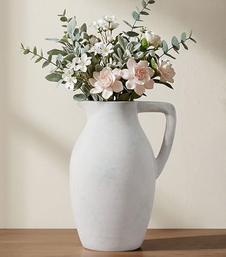 Ceramic Vase with Handle, 9.65 inch Tall Flower Vase Large Floor Vases Home Decor Coffee Table Decor for Living Room Bathroom Farmhouse Modern Boho Centerpieces Bookshelf Kitchen (White) - color: D-9.65"h-white