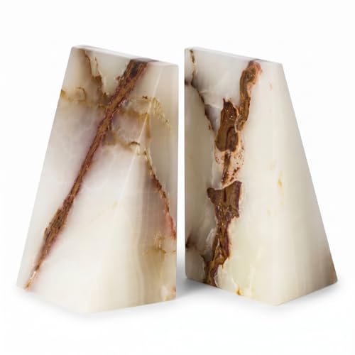 Bey-Berk White Triangular Onyx Marble Bookends - Heavy-Duty Wedge Design, Modern Office and Bookshelf Organizer - color: White