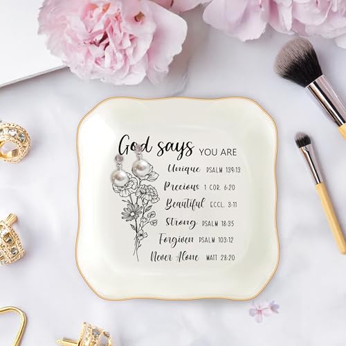 Christian Gifts for Women, Bible Verse Ceramic Jewelry Dish Trinket Ring Tray, Inspirational Floral Gift for Mom Sister Friend Birthday Christmas-God Says You are (White-God Says2) - color: White-God Says2