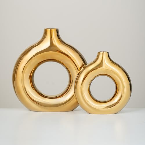 White and Gold Donut Vase, Modern Ceramic Vase for Pampas Grass, Perfect Centerpiece for Weddings, Living Room, and Office Decor (Full Gold, Set(S+L)) - color: Full Gold, size: SET(S+L)