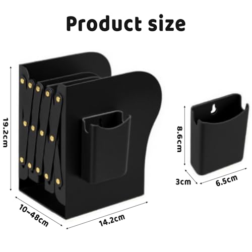 Book Ends for Shelves,Metal Bookends,Book Ends Scalable with Pen Holder(Black)