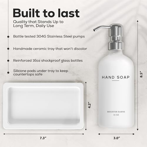 White Glass Soap and Lotion Dispenser Set by Brighter Barns - Bathroom Soap Dispenser Set Tray - Liquid Hand Soap Dispenser Pump - Modern Bathroom Accessories for Guest, Hotel, Spa, Restaurant (White) - color: Silver Sl