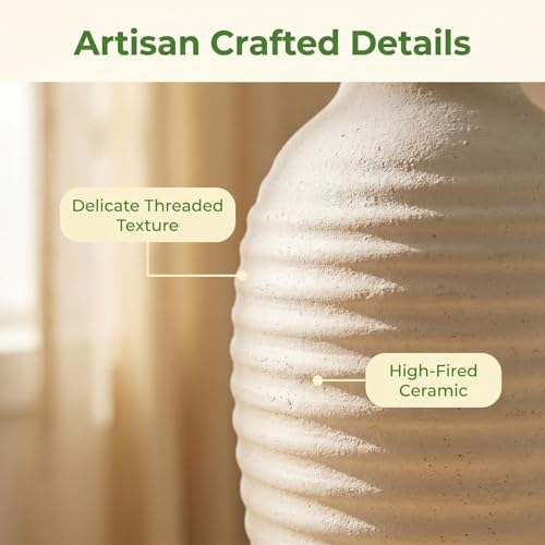 Ceramic Farmhouse Vase, 14.4 Inch Large Handmade Rustic Flower Vase, Waterproof Tall Vase for Pampas Grass & Home Decor, Ideal for Living Room, Shelf, Wedding & Housewarming Gift in Off-White