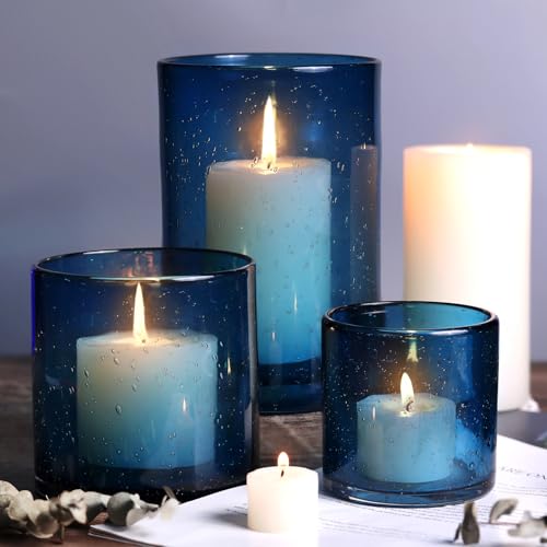 Hurricane Candle Holder Set of 3 Blue Candle Holders for Pillar Candles, Seeded Bubbles Glass Candle Holder, Blue Glass Cylinder Vases for Table Centerpieces, Home, Patio and Wedding 8" 4.7" 3.5" - color: Blue, size: Medium