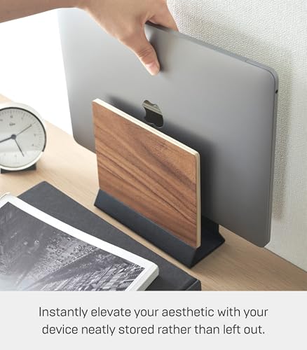 Yamazaki Home Rin Portable Laptop Holder Stand for Desk in Bedroom Or Office, Wooden Storage Station - Steel + Wood - color: brown (french toast 19-1012tcx)