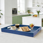 25x18 inches Leather Ottoman Serving Tray with Hole Handles, Rectangle Large Modern Service Tray for Living Room, Coffee Table, Bed, Tea, Food, Butler Countertop, Kitchen, Dinner, Picnic (Blue) - color: Blue, size: 25" x 18" x 2"