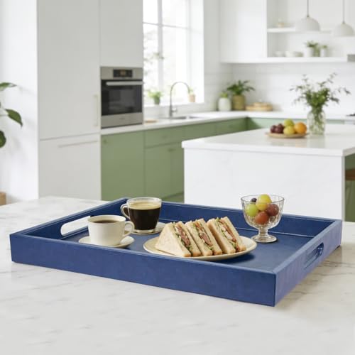18x12 inches Leather Ottoman Serving Tray with Hole Handles, Rectangle Modern Service Tray for Living Room, Coffee Table, Bed, Tea, Food, Butler Countertop, Kitchen, Dinner, Picnic (Blue) - color: Blue, size: 18" x 12" x 2"