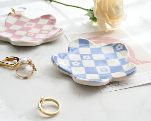 Teen Girls Gifts Trendy Stuff Aesthetic Room Decor Bedroom Decor Aesthetic Preppy Room Decor Aesthetic Stuff Checkered Jewelry Tray, Blue - style: Blue Checkered and Flower