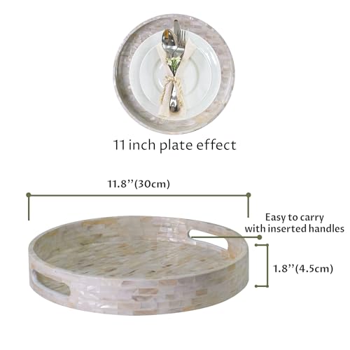 PEMAR 12.6” Mother of Pearl Round Serving Tray with Handles, Decorative Nacred Wooden Ottoman Coffee Table Tray (White Tiles) - color: White