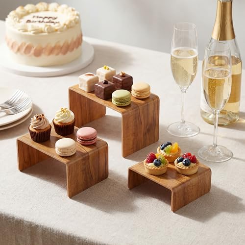 Chuangdi 2 Sets Acrylic Display Risers, Product Stand, Jewelry Display Riser Shelf Showcase Fixtures for Dessert Cupcake Candy Figure Treat Action Showcase (Wood,Small Set) - color: Wood, size: Small Set