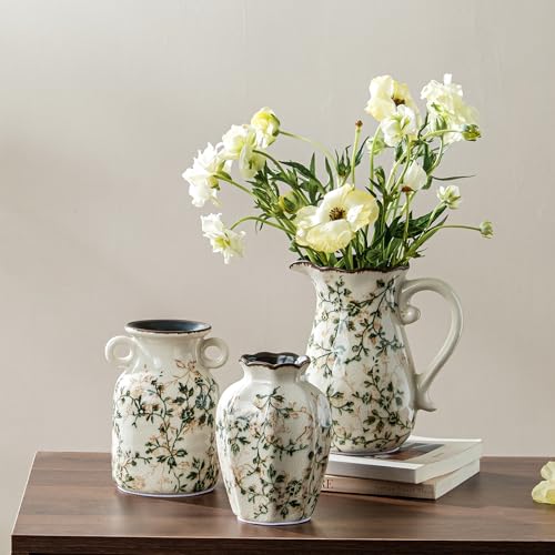 Ceramic Vase Set of 3, Green Chinoiserie Floral Pitcher Vases, Vintage Farmhouse Decor for Mantel, Fireplace, Kitchen Counter, Living Room, Bookshelf - color: 06-green and Beige-set of Three