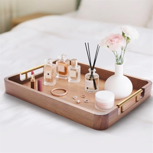 Acacia Wood Serving Tray with Handles, 17x13 Inch Ottoman Tray for Coffee Table,Candle Display,Breakfast in Bed, Large Wooden Decorative Tray with Non-Slip Pads, for Kitchen, Dining, Home Decor