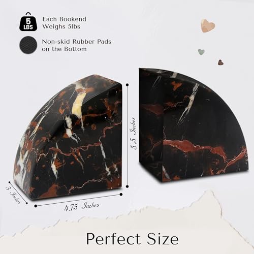 Modern Wedge Shaped Marble Bookends – Hand Carved, Polished Stone Bookends w/Non Slip Rubber Pads – Lightweight & Compact Decorative Bookends - Versatile, Luxury Book Organizer for Shelf & More - color: Black & Gold
