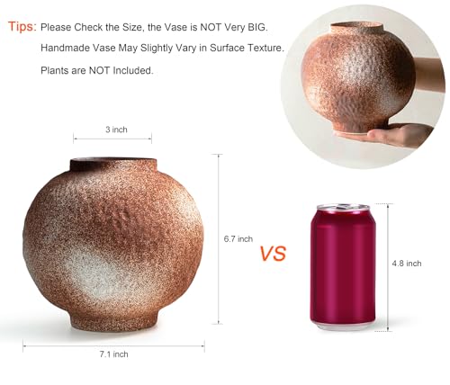 GeLive Round Hammered Finish‌ Rustic Pottery Vase, Handmade Ceramic Flower Vase for Home Decor, Farmhouse Centerpiece Moon Jar Vase (Brown, 7inch)‌