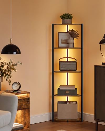 VASAGLE Corner Shelf Stand with LED Lights, 5-Tier Corner Bookshelf, Storage Shelf with Steel Frame, 9.8 x 18.9 x 57.7 Inches, for Living Room, Bedroom, Study, Rustic Brown ULBC590K01 - color: Rustic Brown