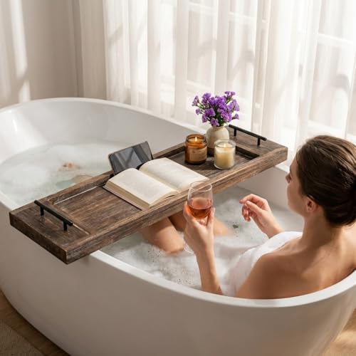 Hanobe Bathtub Tray Bath Caddy: Wood Tub Trays Table Extra Large Rustic Bathtub Shelf Across Tub Wooden Serving Tray with Handles for Bathroom, 31"