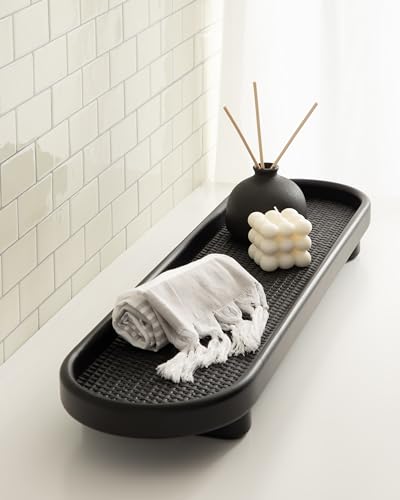 Kate and Laurel Planche Decorative Capsule Woven Tray with Solid Wood Frame; 27 x 8; Black; Modern Slim Wood Rectangle Serving Tray for Living Room - color: Black