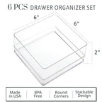 STORi SimpleSort 6-Piece Stackable Clear Drawer Organizer Set | 6" x 6" x 2" Square Trays | Small Makeup Vanity Storage Bins and Office Desk Drawer Dividers | Made in USA - size: 6x6x2"