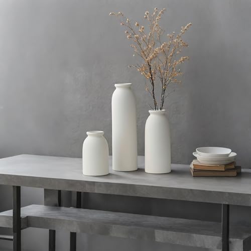 10.6 inches Tall Decorative Ceramic Vase Set, 3 Pieces, Nordic Modern Boho Style, White, for Home Decor (White) - color: White